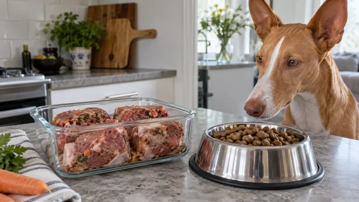 Encimera con un recipiente de dieta BARF y un bol de pienso seco, con un podenco observando desde un lado