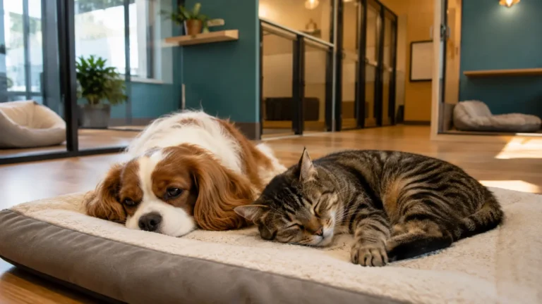 Perro y gato durmiendo juntos en una cama de residencia para mascotas con interior moderno