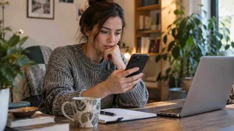 Persona consultando reseñas en su smartphone con expresión analítica, taza de café junto a portátil