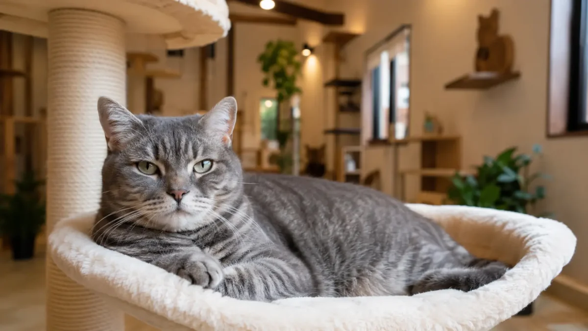 Gato gris atigrado descansando tranquilo sobre cama elevada en residencia felina con rascadores verticales al fondo