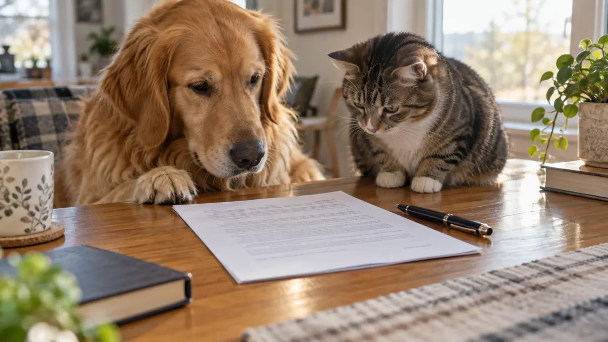 Contrato impreso sobre mesa de madera con bolígrafo, junto a un perro y un gato curiosos asomando