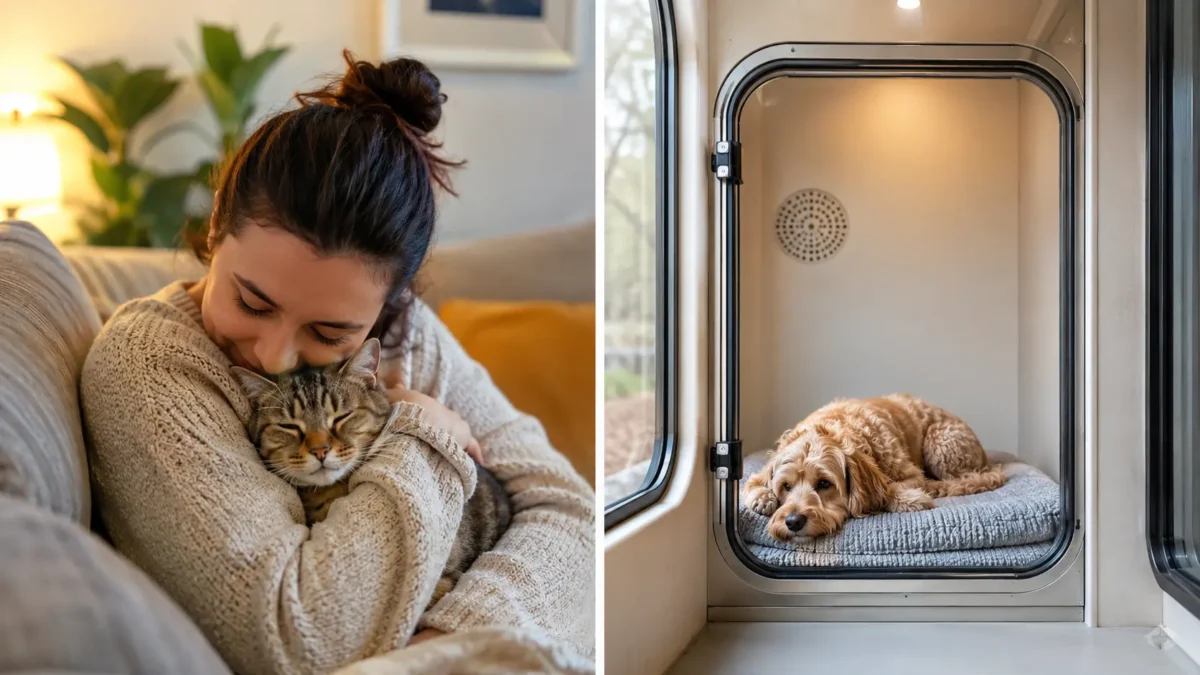 Dividido en dos: persona cuidando un gato en casa con luz natural y perro en un módulo de residencia limpia y moderna
