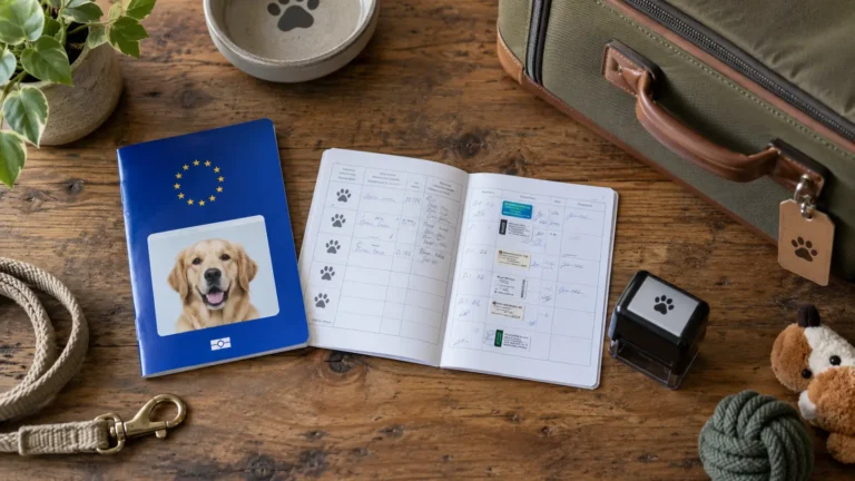 Pasaporte europeo para mascotas abierto junto a cartilla de vacunación, sello veterinario y maleta de viaje pequeña