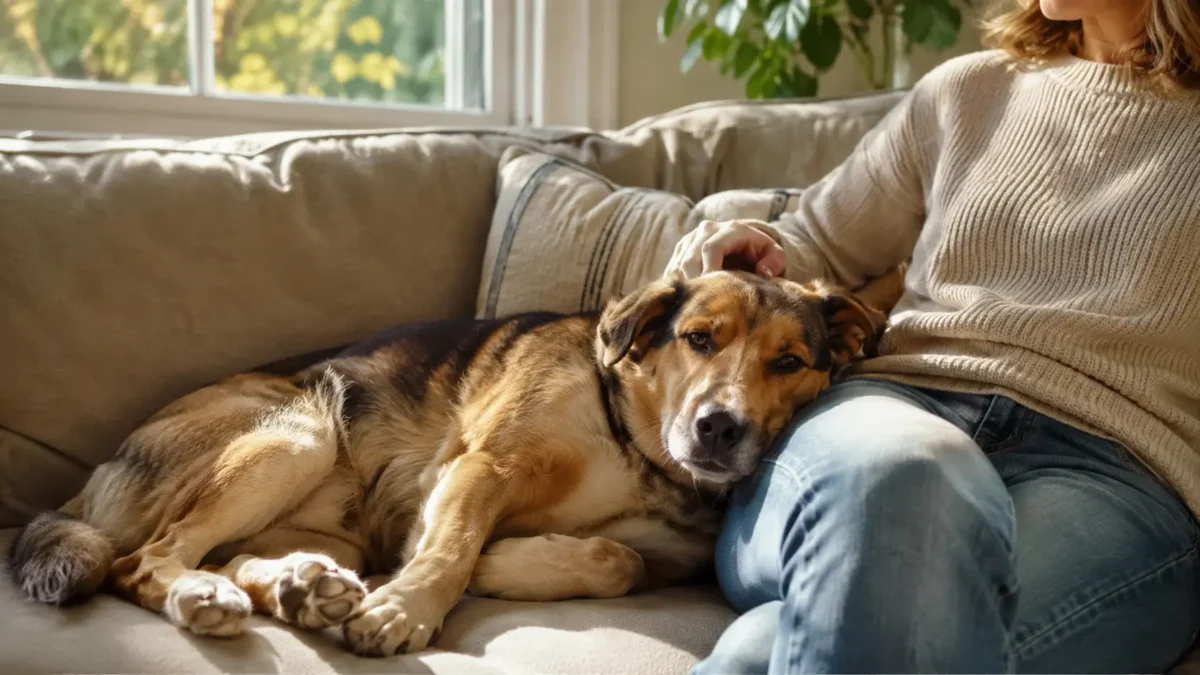 Perro tumbado calmado junto a su dueño en sofá del salón con luz natural cálida