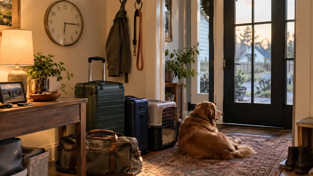 Reloj de pared marcando hora temprana con maletas y transportín de mascota junto a la puerta