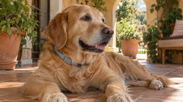 Perro descansando en patio sombreado de residencia mediterránea con vegetación, junto a collar antiparasitario