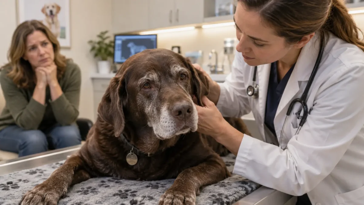 Veterinaria explorando con cuidado a un labrador chocolate mayor, con el hocico canoso, en una clínica moderna