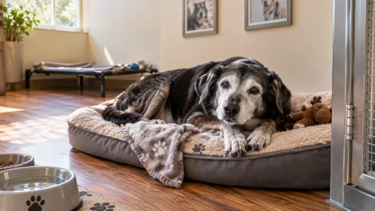 Perro mayor de raza mediana con pelaje canoso descansando tranquilo sobre cama acolchada con suelo cálido
