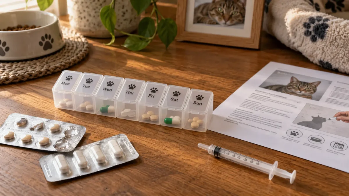 Caja organizadora de pastillas semanal junto a hoja de instrucciones impresa y blísters de medicación veterinaria