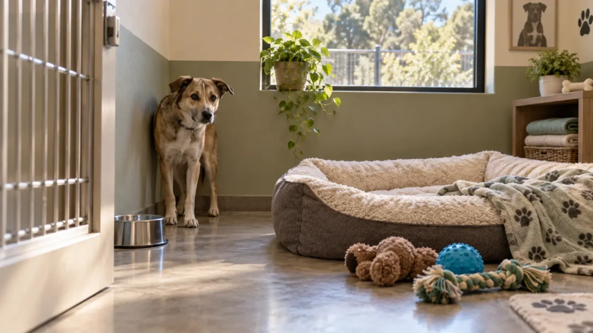 Perro mediano observando con precaución desde el rincón de un módulo de residencia tranquilo y bien iluminado