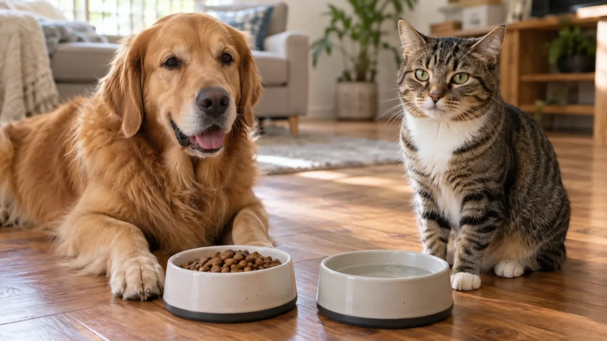 Perro y gato junto a comedero con pienso y bebedero limpio sobre suelo de madera en sala bien iluminada