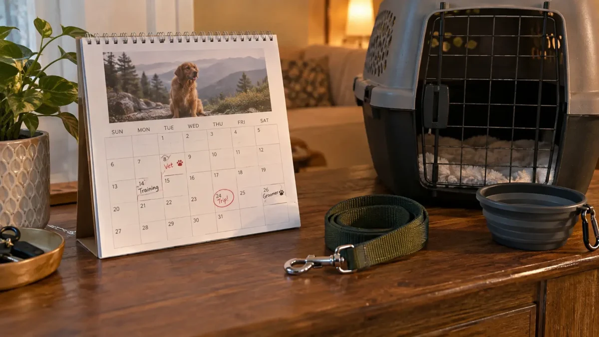 Calendario de pared con fechas señaladas junto a una correa y un transportín preparados