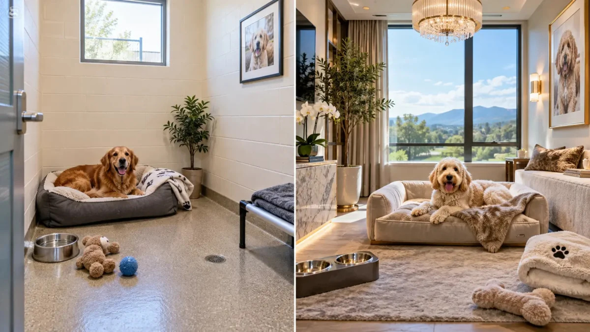 Composición lado a lado: residencia sencilla limpia con perro tranquilo y hotel premium luminoso con cama acolchada