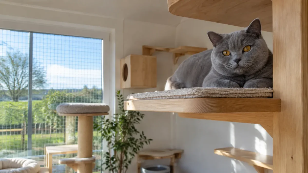Gato británico de pelo corto descansando en una repisa alta dentro de un módulo amplio y luminoso de residencia felina