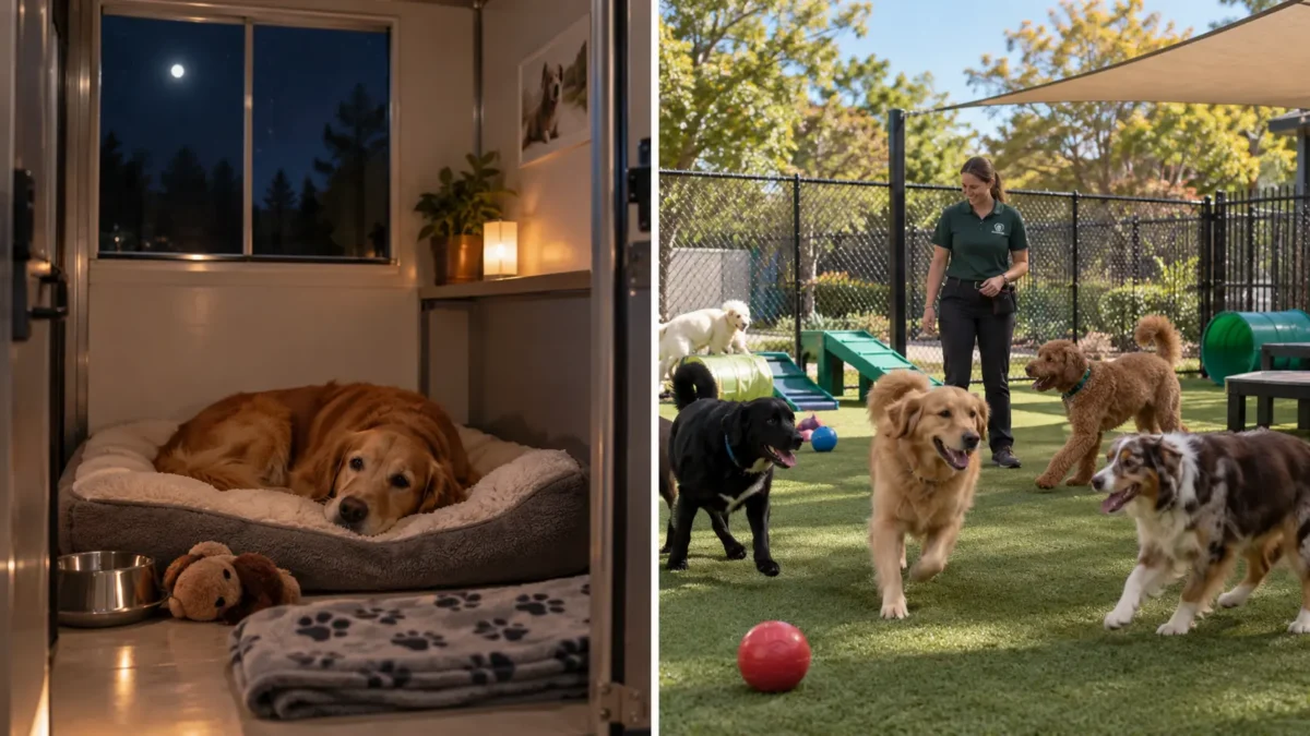 Composición lado a lado: módulo individual con perro descansando de noche y patio de día con varios perros jugando bajo supervisión