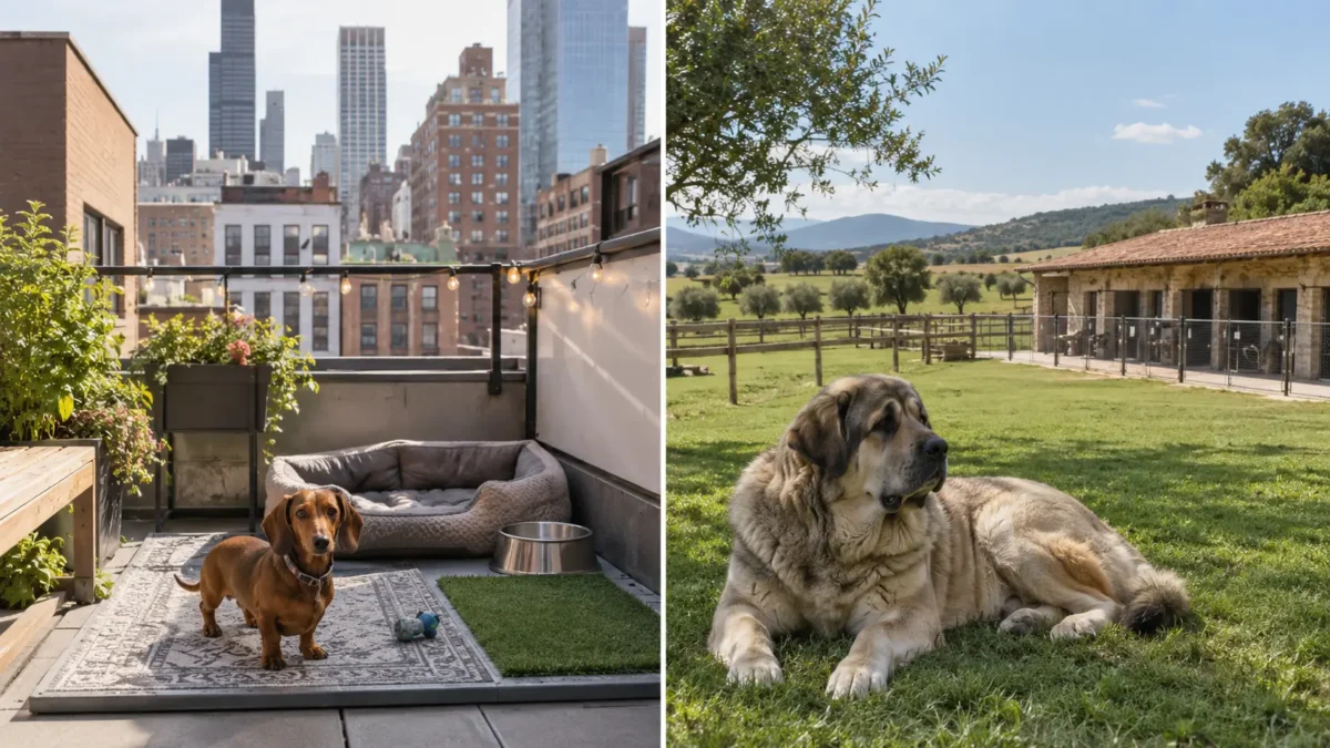 Dos escenas comparadas: un teckel en el patio compacto de una residencia urbana y un mastín en el terreno amplio de una rural