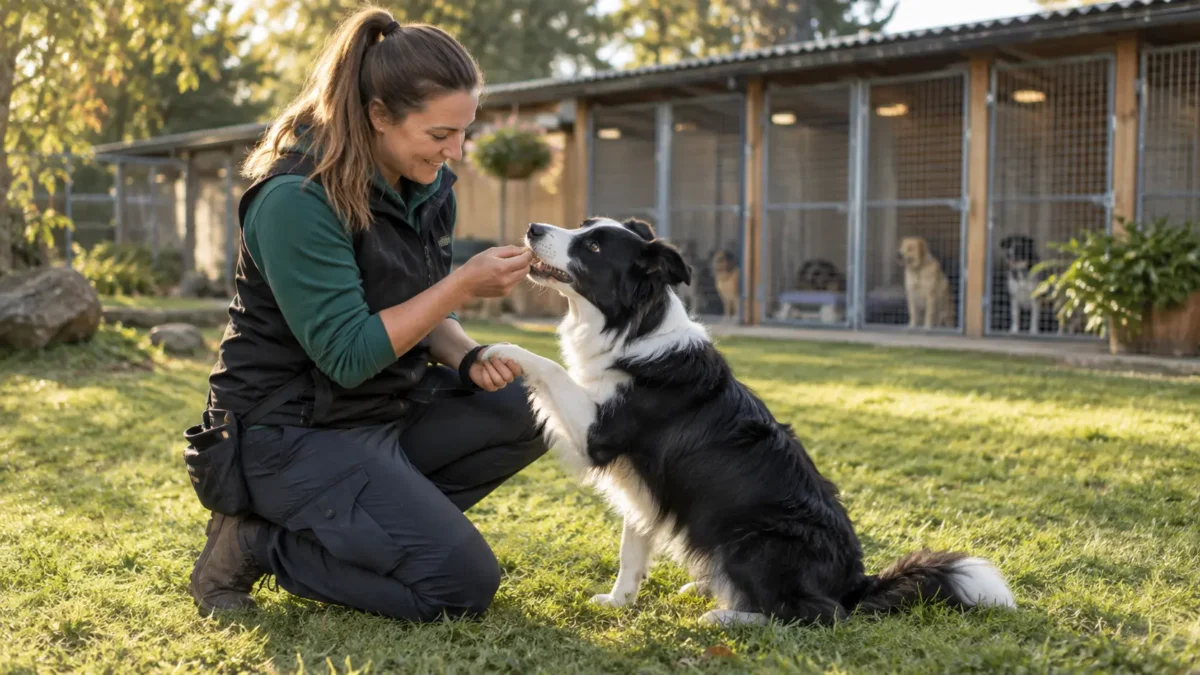 Adiestradora premiando a un border collie durante un ejercicio de obediencia en el césped, con la residencia al fondo