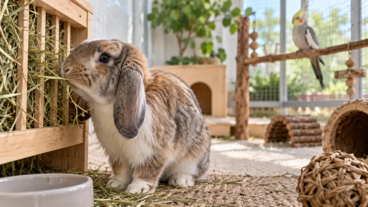 Conejo belier comiendo de un henil en un alojamiento amplio y limpio, con una cacatúa ninfa al fondo