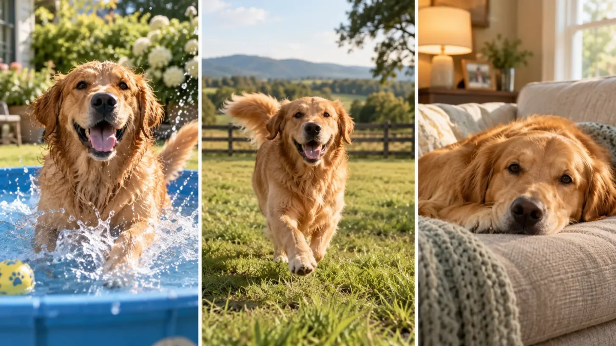 Tres escenas: perro chapoteando en piscina canina, perro libre en patio campestre y perro en sofá de casa familiar